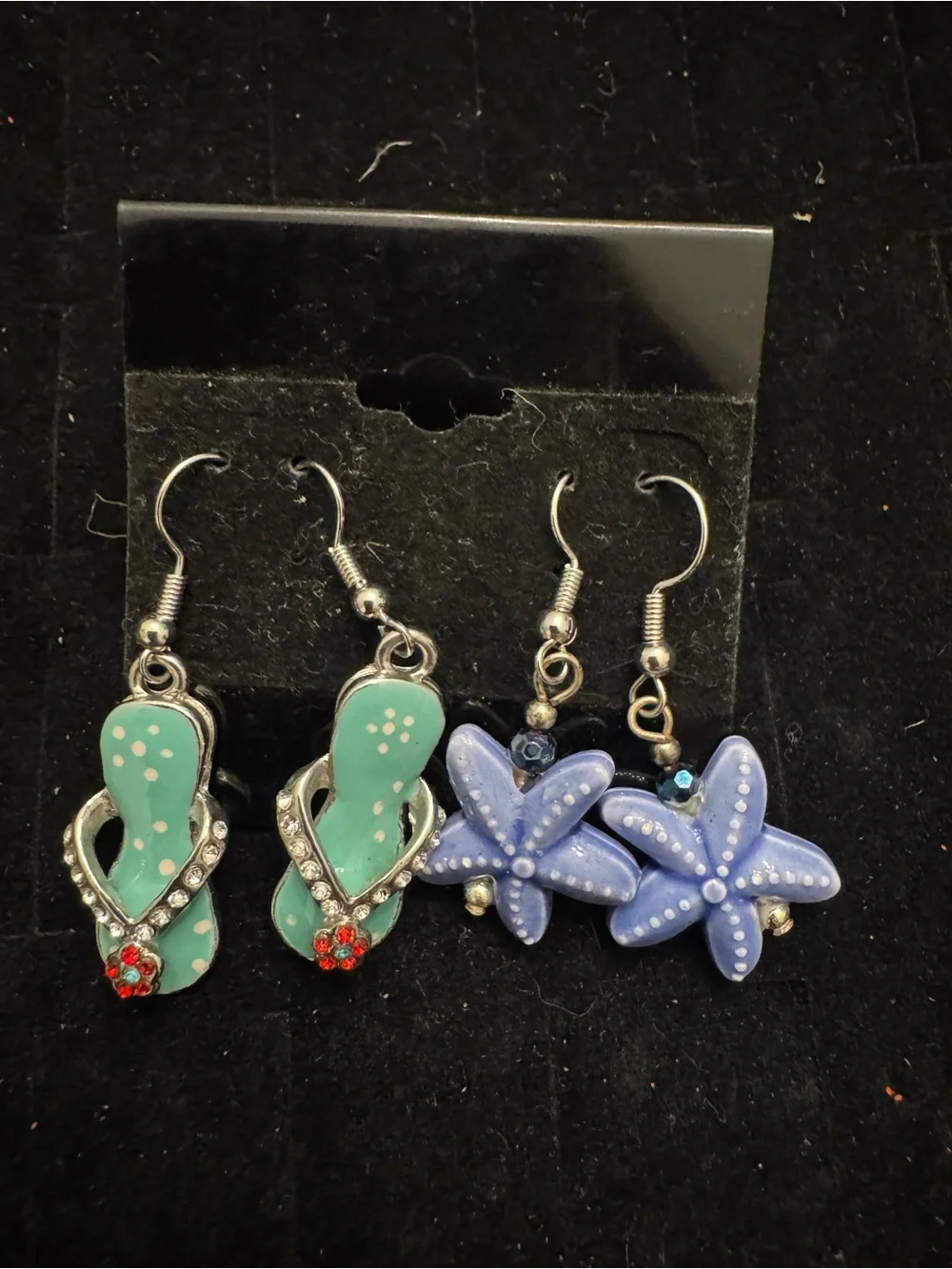 2 Pairs Beach Theme Dangle Earrings Flip Flop Starfish Rhinestone Blue Green